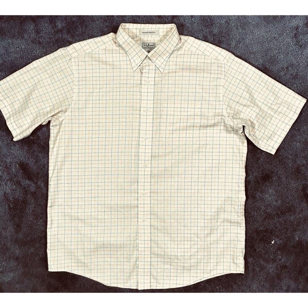 LL‎ Bean Short Sleeve Shirt Men's L Butter Yellow Plaid Slightly Fitted Buttoned